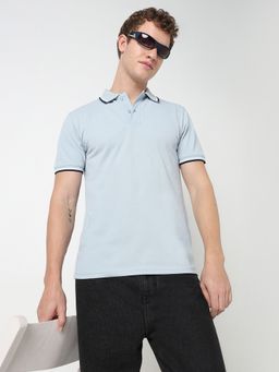 R&B - Blue Cotton Blend Slim Fit Solid Blue Men Polo T-Shirt