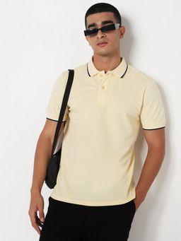 R&B - Yellow Cotton Blend Slim Fit Solid Yellow Men Polo T-Shirt