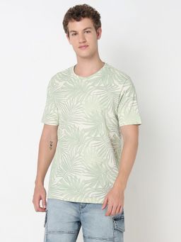 R&B - Off White Cotton Regular Fit Crew Neck Tropical Print Off White Men T-Shirt