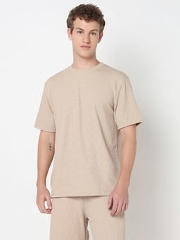 R&B - Beige Textured Casual Men T-Shirt