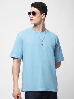 R&B - Blue Cotton Blend Crew Neck Textured Men T-Shirt