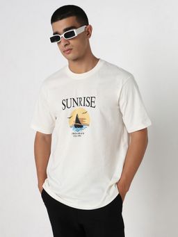 R&B - Cream Cotton Relaxed Fit Crew Neck Typography Cream Men T-Shirt