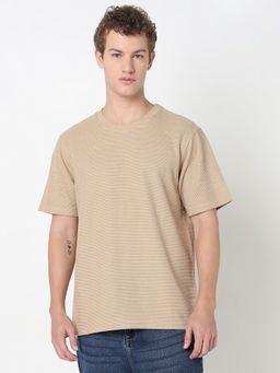 R&B - Beige Cotton Crew Neck Textured Short Sleeve Men T-Shirt