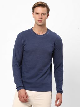 R&B - Blue Cotton Blend Regular Fit Crew Neck Solid Men T-Shirt
