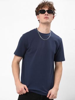 R&B - Navy Blue Cotton Regular Fit Crew Neck Solid Men Textured T-Shirt