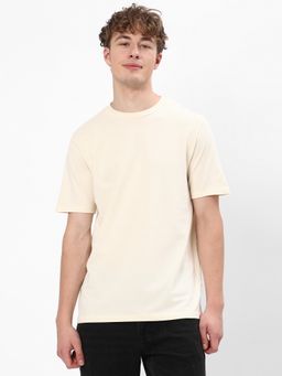 R&B - Cream Cotton Regular Fit Crew Neck Solid Textured Men T-Shirt