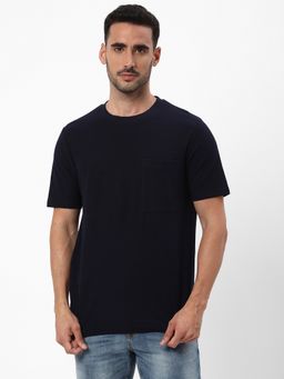 R&B - Navy Blue Cotton Regular Fit Crew Neck Textured Men T-Shirt
