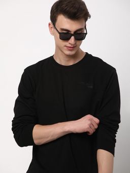 R&B - Men Cotton Black Crew Neck Solid Regular Full Sleeves T-Shirt