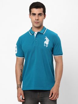 R&B - Men Cotton Teal Collar Neck Solid Regular Half Sleeves Polo T-Shirt
