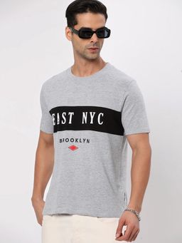 R&B - Grey Cotton Regular Fit Crew Neck Grey Typographic Print Men T-Shirt