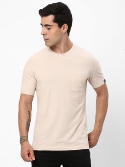 R&B - Men Cotton Beige Neck Solid Regular Half Sleeves T-Shirt