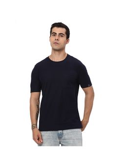 R&B - Men Cotton Navy Blue Crew Neck Solid Regular Half Sleeves T-Shirt