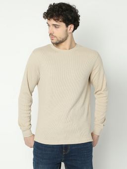 R&B - Beige Cotton Regular Fit Crew Neck Long Sleeve Men T-Shirt