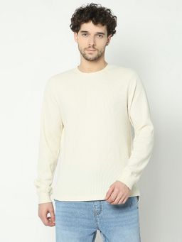 R&B - Cream Cotton Regular Fit Crew Neck Long Sleeve Men T-Shirt