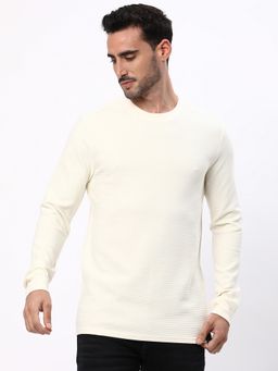 R&B - Off White Cotton Regular Fit Crew Neck Solid Long Sleeve Men T-Shirt