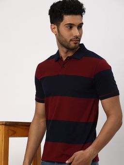 R&B - Maroon Cotton Slim Fit Striped Collar Neck Men Polo T-Shirt