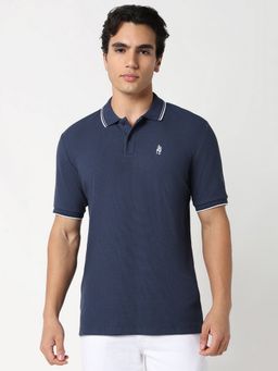 R&B - Men Cotton Navy Blue Collar Neck Solid Slim Half Sleeves Polo T-Shirt