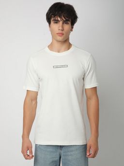 R&B - Men Cotton Blend Ivory Crew Neck Solid Relaxed Half Sleeves T-Shirt