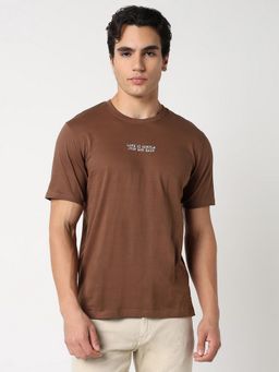 R&B - Brown Cotton Regular Fit Crew Neck Typographic Print Brown Men T-Shirt