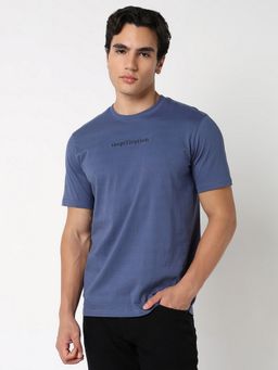 R&B - Men Cotton Blue Crew Neck Typography Regular Half Sleeves T-Shirt