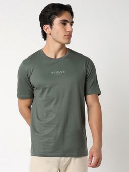 R&B - Men Cotton Green Crew Neck Typography Regular Half Sleeves T-Shirt