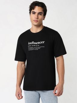 R&B - Cotton Relaxed Fit Crew Neck Typographic Print Black Men T-Shirt