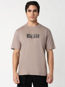 R&B - Cotton Relaxed Fit Crew Neck Typographic Print Cream Men T-Shirt