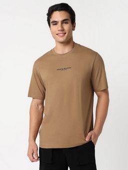 R&B - Men Cotton Brown Round Neck Typography Relaxed Half Sleeves T-Shirt