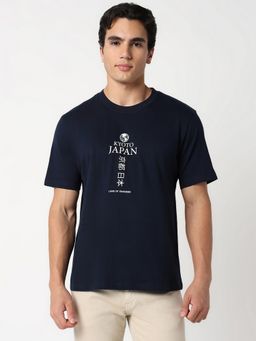 R&B - Cotton Crew Neck Typographic Print Blue Men T-Shirt