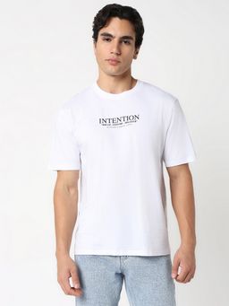 R&B - Men' Cotton White Crew Neck Typography Relaxed Half Sleeves T-Shirt