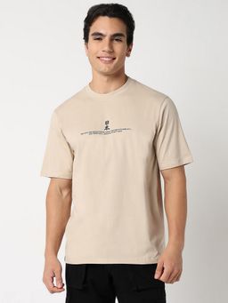 R&B - Beige Cotton Crew Neck Typographic Print Beige Men T-Shirt