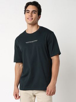 R&B - Green Cotton Relaxed Fit Typographic Print Green Men T-Shirt