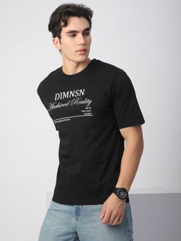 R&B - Black Cotton Relaxed Fit Crew Neck Typographic Print Men T-Shirt