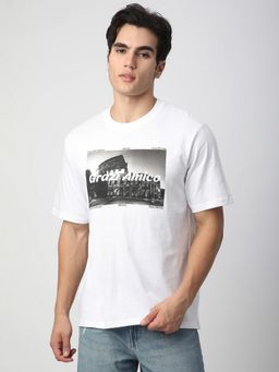 R&B - White Cotton Relaxed Fit Crew Neck Men T-Shirt