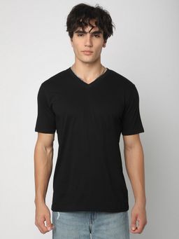 R&B - Men Cotton Black V-Neck Solid Regular Half Sleeves T-Shirt