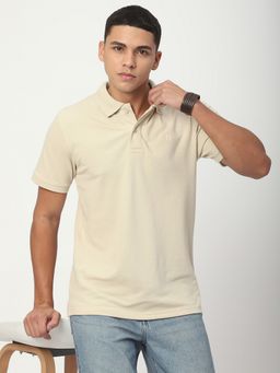 R&B - Men Cotton Blend Beige Collar Neck Solid Regular Half Sleeves Polo T-Shirt