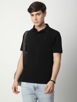 R&B - Men Cotton Blend Collar Neck Solid Regular Half Sleeves Black Polo T-Shirt