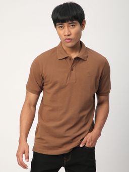 R&B - Men Cotton Blend Brown Collar Neck Solid Regular Half Sleeves Polo T-Shirt