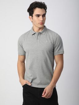 R&B - Men Cotton Blend Grey Collar Neck Solid Regular Half Sleeves Polo T-Shirt