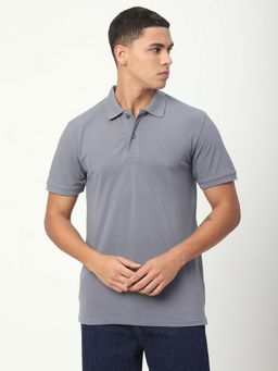 R&B - Men Cotton Blend Grey Collar Neck Solid Regular Half Sleeves Polo T-Shirt