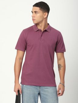 R&B - Men Cotton Blend Mauve Collar Neck Solid Regular Half Sleeves Polo T-Shirt