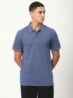 R&B - Blue Cotton Blend Solid Men Polo-T-Shirt