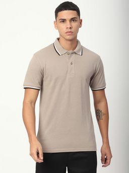 R&B - Beige Solid Casual Men Slim Fit Polo-T-Shirt