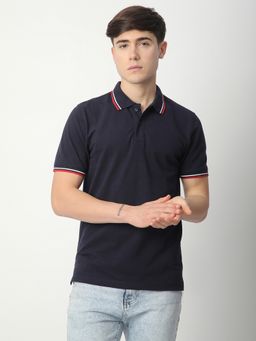 R&B - Navy Blue Solid Casual Polo-T-Shirt