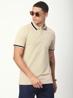 R&B - Beige Polycotton Regular Fit Collar Neck Solid Men Polo T-Shirt