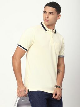 R&B - Off White Polycotton Regular Fit Solid Collar Neck Men Polo T-Shirt