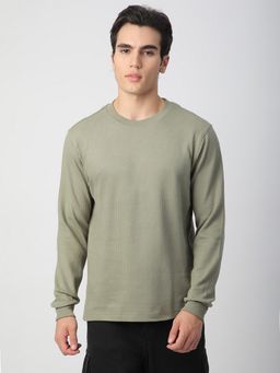 R&B - Men Cotton Green Crew Neck Textured Regular Full Sleeves T-Shirt