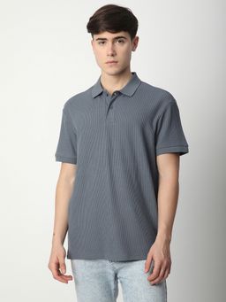 R&B - Grey Cotton Regular Fit Solid Collar Neck Men Polo T-Shirt