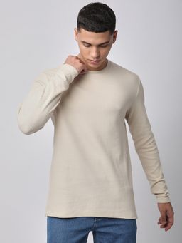 R&B - Men Beige Textured Cotton T-Shirt