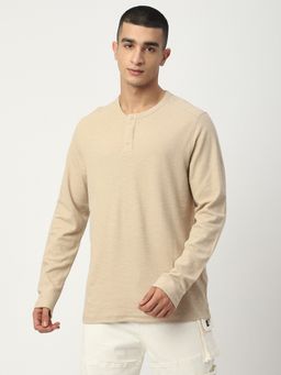 R&B - Beige Textured Cotton Men T-Shirt